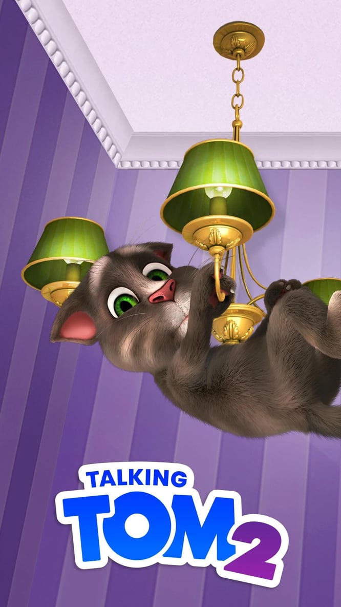 Talking Tom hanging from a chandelier inside of Talking Tom Cat 2 game.