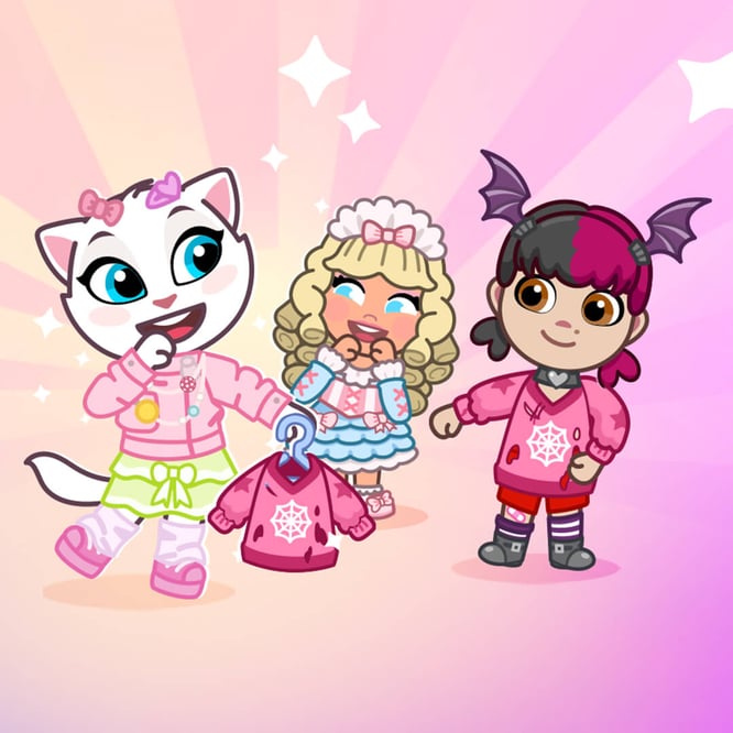Talking Angela trying on outfits with friends inside of Talking Tom & Friends: World game.