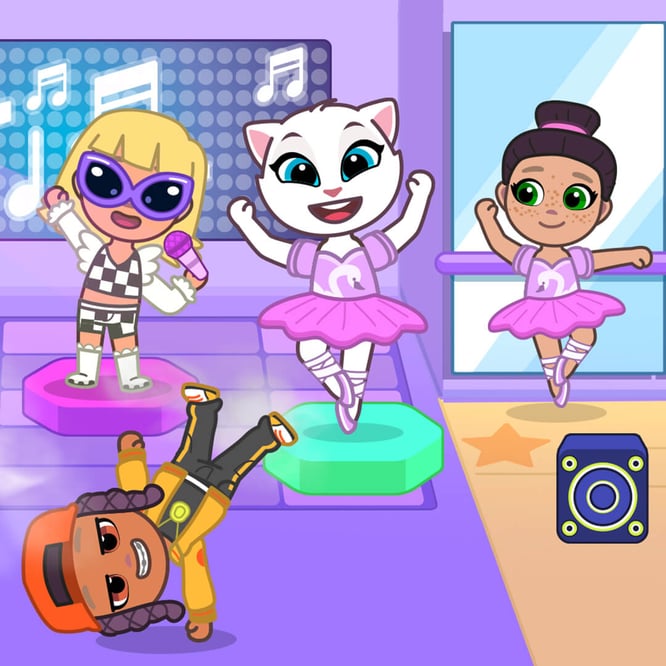 Talking Angela dancing with friends inside of Talking Tom & Friends: World game.