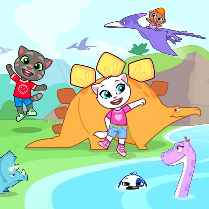 Talking Tom, Angela, Hank, and friends playing with dinosaurs inside of Talking Tom & Friends: World game.
