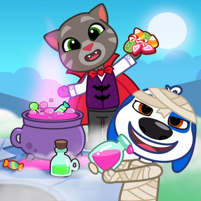 Talking Tom and Talking Hank cooking up Halloween candy in costumes inside of Talking Tom & Friends: World game.