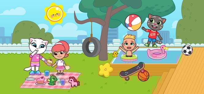 Talking Tom, Angela and friends playing outside inside of Talking Tom & Friends: World game.