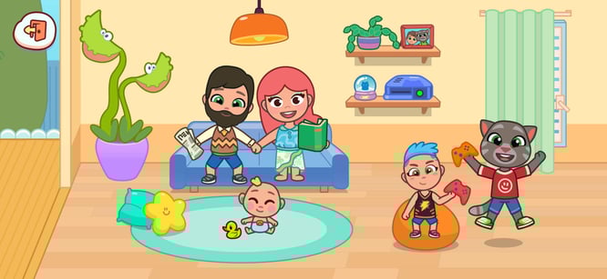 Talking Tom and friends playing indoors inside of Talking Tom & Friends: World game.