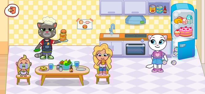 Talking Tom, Angela, and friends preparing food and eating in the kitchen inside of Talking Tom & Friends: World game.