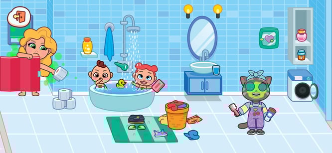 Talking Tom and friends hanging out in the bathroom inside of Talking Tom & Friends: World game.