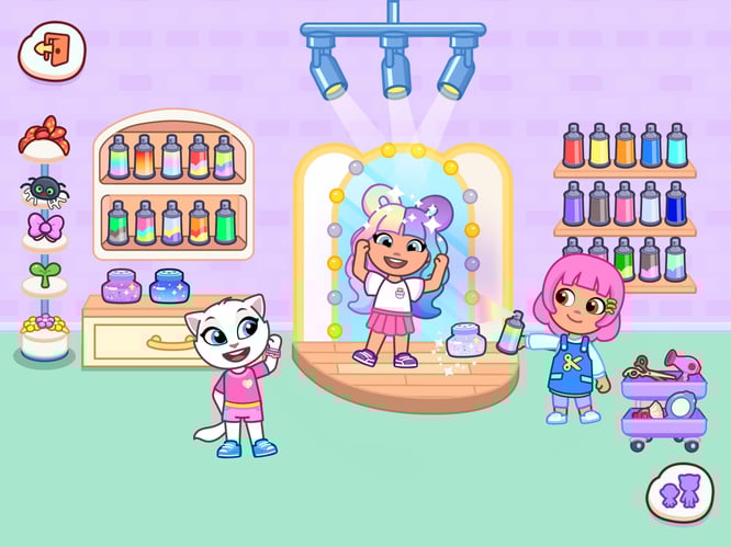 Talking Angela and friends styling in the Hair Salon feature inside of Talking Tom & Friends: World game.