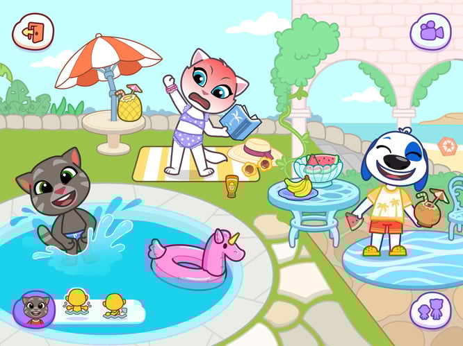 Talking Tom, Angela, and Hank hanging out by the pool inside of Talking Tom & Friends: World game.