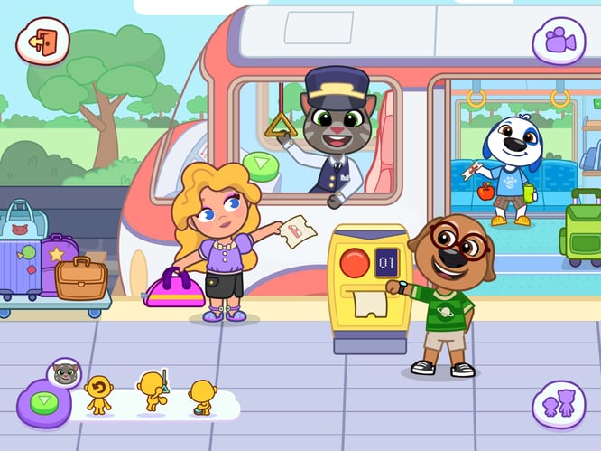 Talking Tom operating a train inside of Talking Tom & Friends: World game.