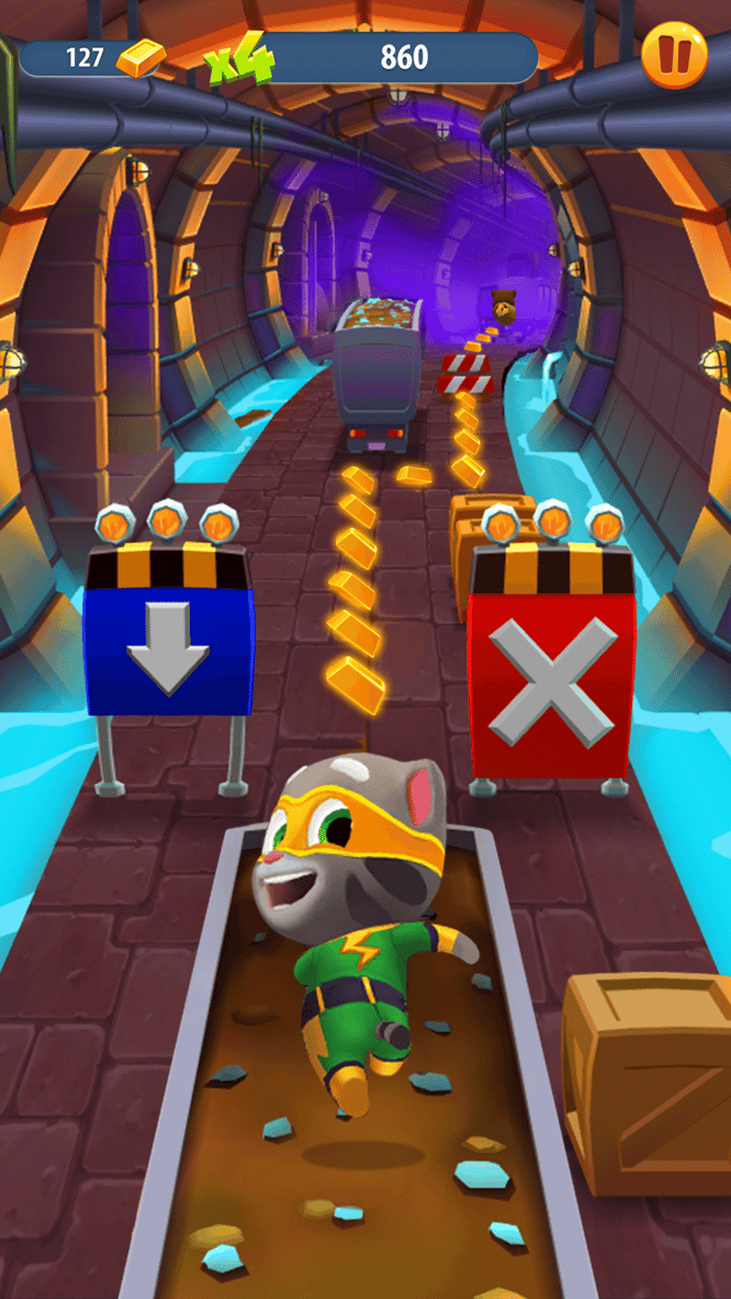 Talking Tom in a hero outfit running inside of Talking Tom Gold Run game.