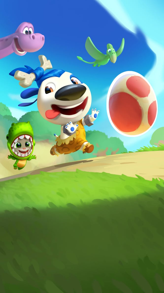 Talking Tom and Talking Hank chasing a dinosaur egg inside of Talking Tom Gold Run game.