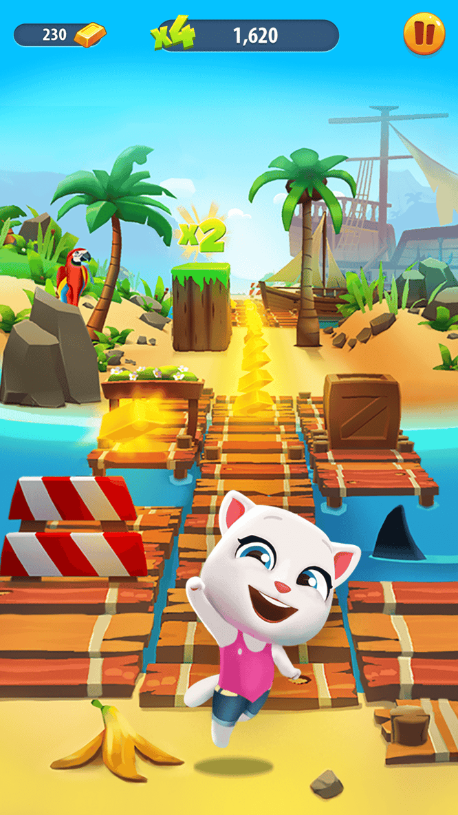 Talking Angela fist pumping in a tropical map inside of Talking Tom Gold Run game.