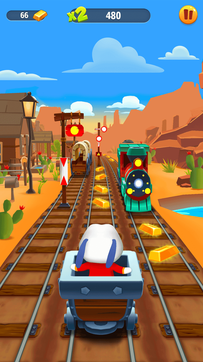 Talking Hank riding a mining cart in a wild west area inside of Talking Tom Gold Run game.