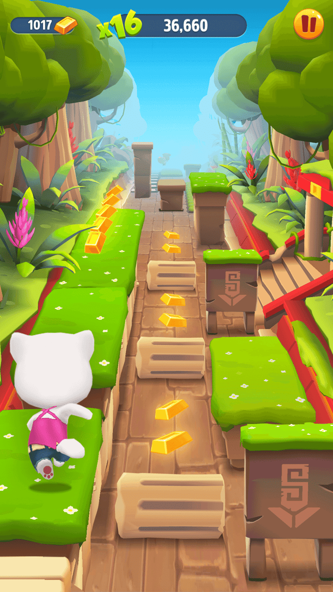 Talking Angela running, avoid temple pillars rolling inside of Talking Tom Gold Run game.