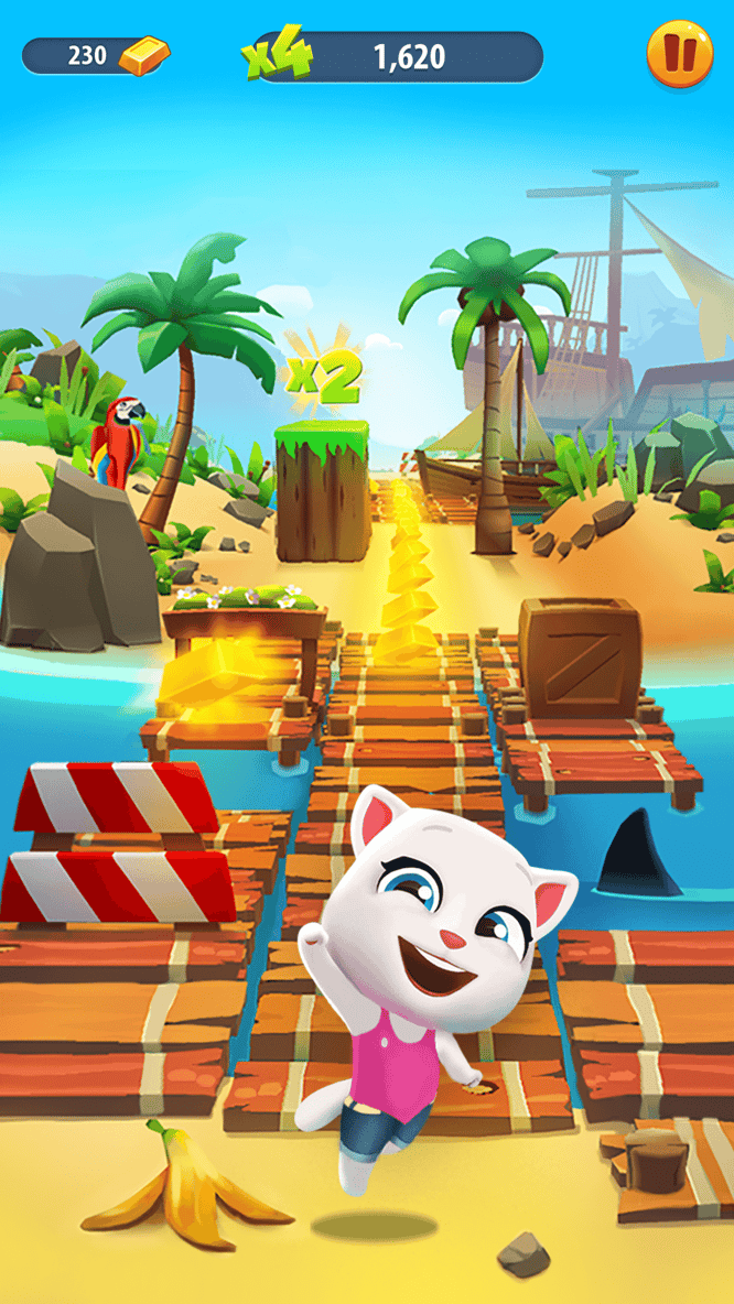 Talking Angela fist pumping in a tropical map inside of Talking Tom Gold Run game.