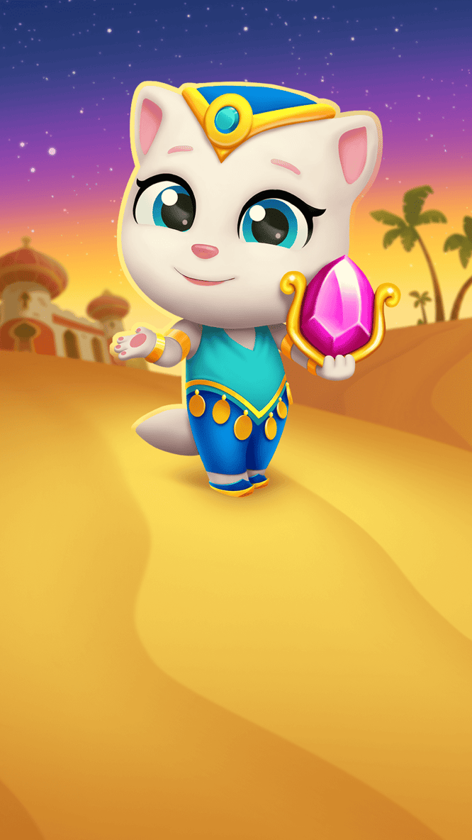 Talking Angela in a desert area with a magical crystal inside of Talking Tom Gold Run game.