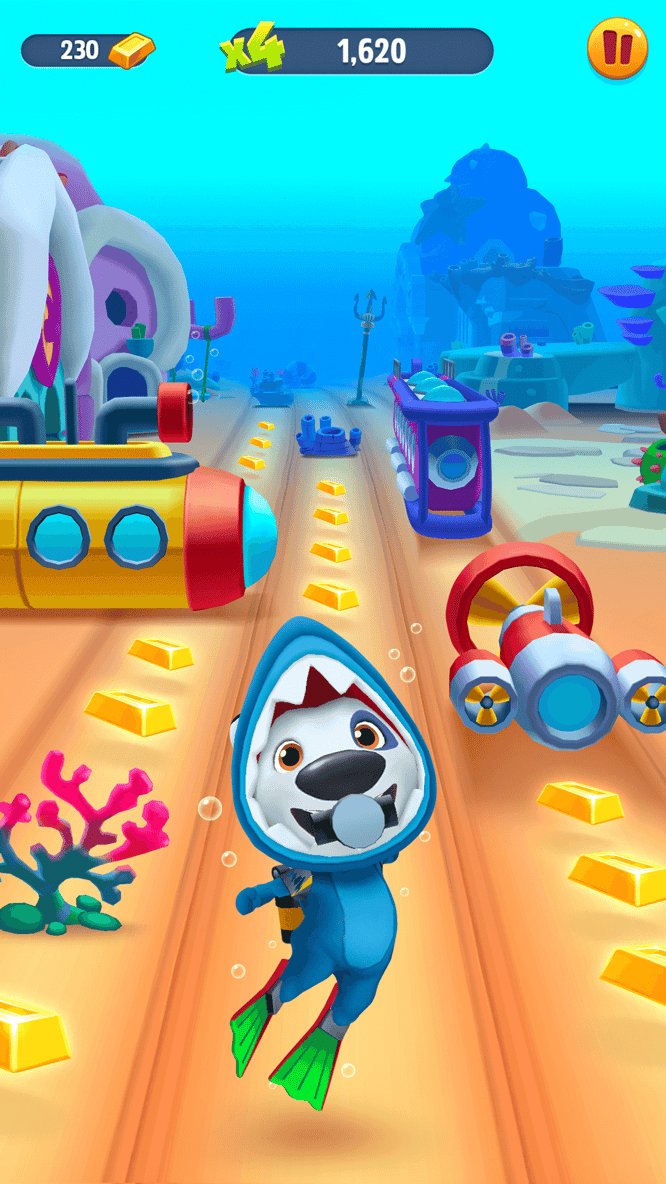 Talking Hank underwater in a shark diving suit inside of Talking Tom Gold Run game.