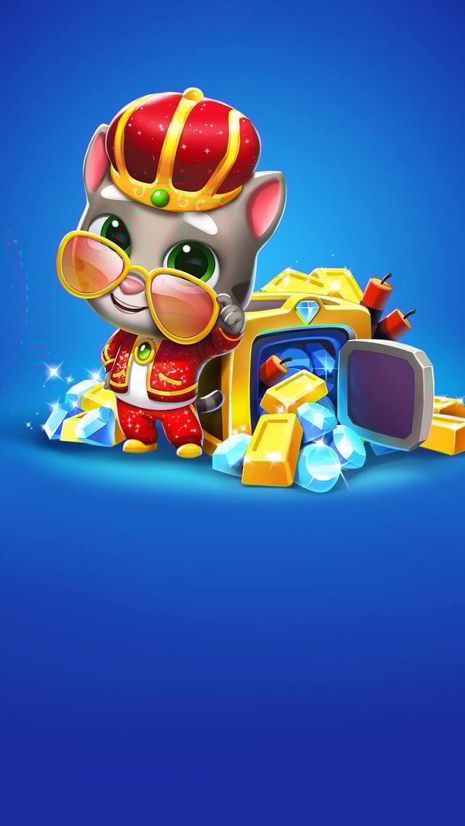 Talking Tom with gold, gems, and other rewards inside of Talking Tom Gold Run game.