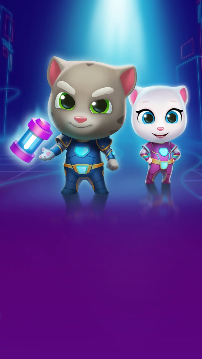 Talking Tom and Angela in futuristic outfits inside of Talking Tom Gold Run game.