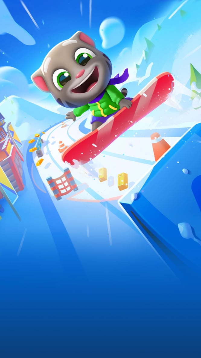 Talking Tom snowboarding inside of Talking Tom Gold Run game.