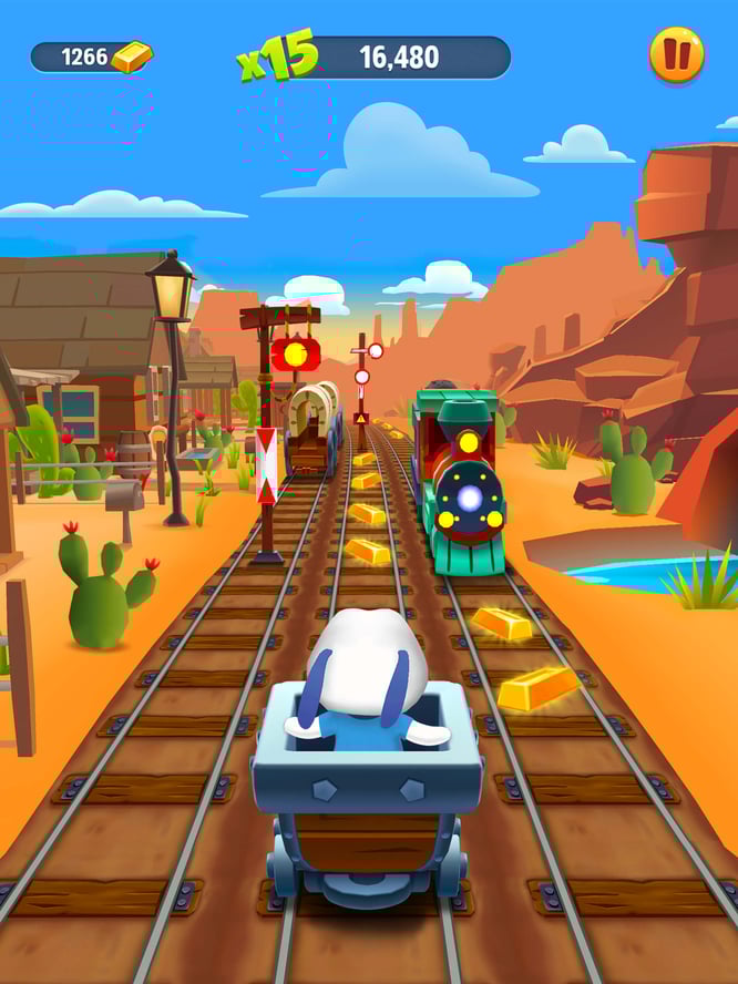 Talking Hank riding a mining cart in a wild west area inside of Talking Tom Gold Run game.
