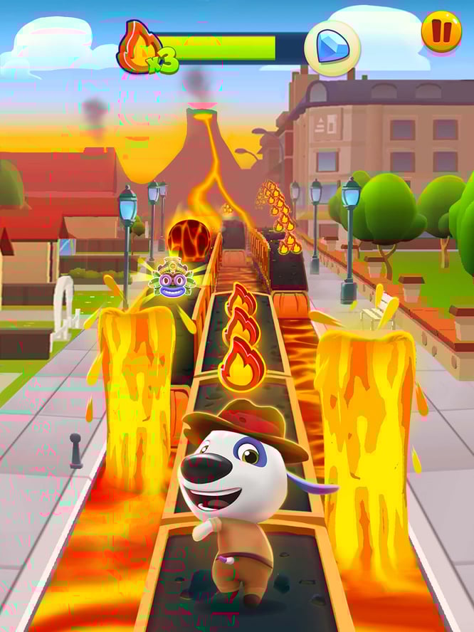 Talking Hank running, avoiding lava inside of Talking Tom Gold Run game.