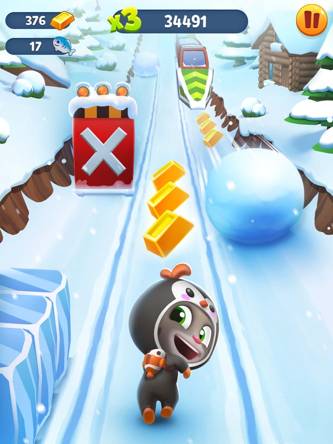Talking Tom running in a penguin outfit in snow inside of Talking Tom Gold Run game.