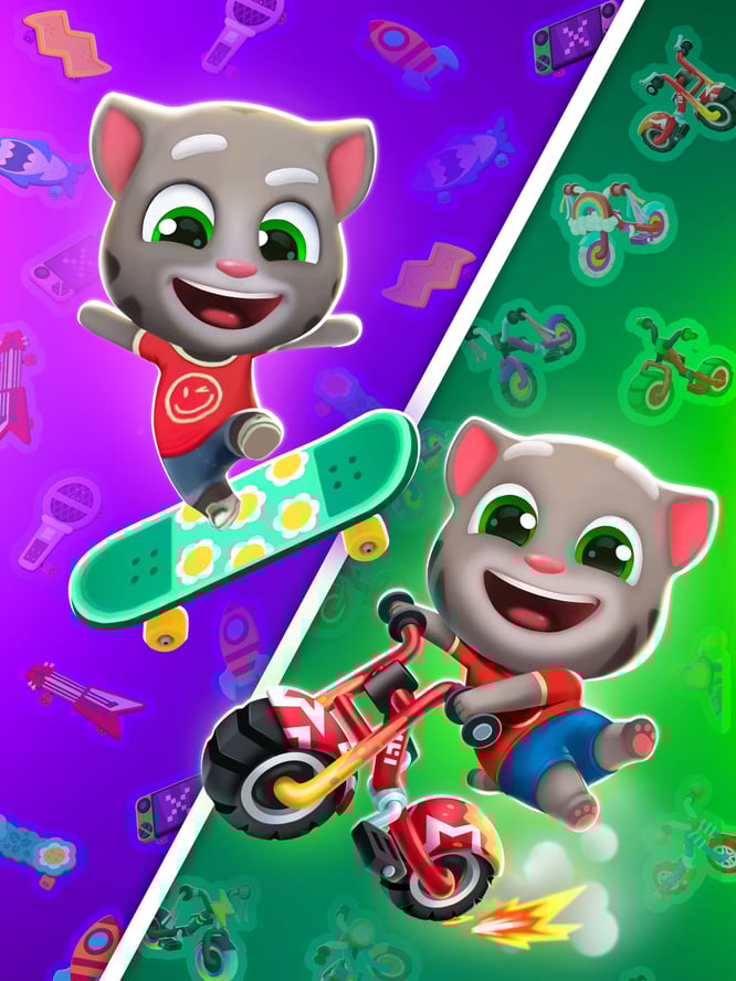 Talking Tom using a skateboard and a bike split screen inside of Talking Tom Gold Run game.