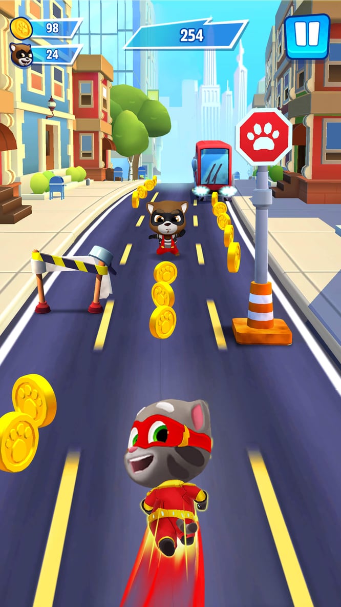 Talking Tom in a hero outfit running inside of Talking Tom Hero Dash game.