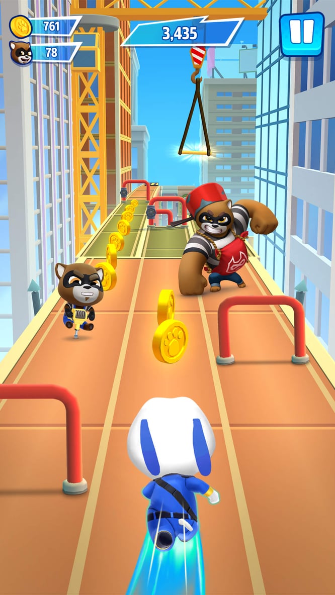 Talking Hank in a hero outfit running inside of Talking Tom Hero Dash game.
