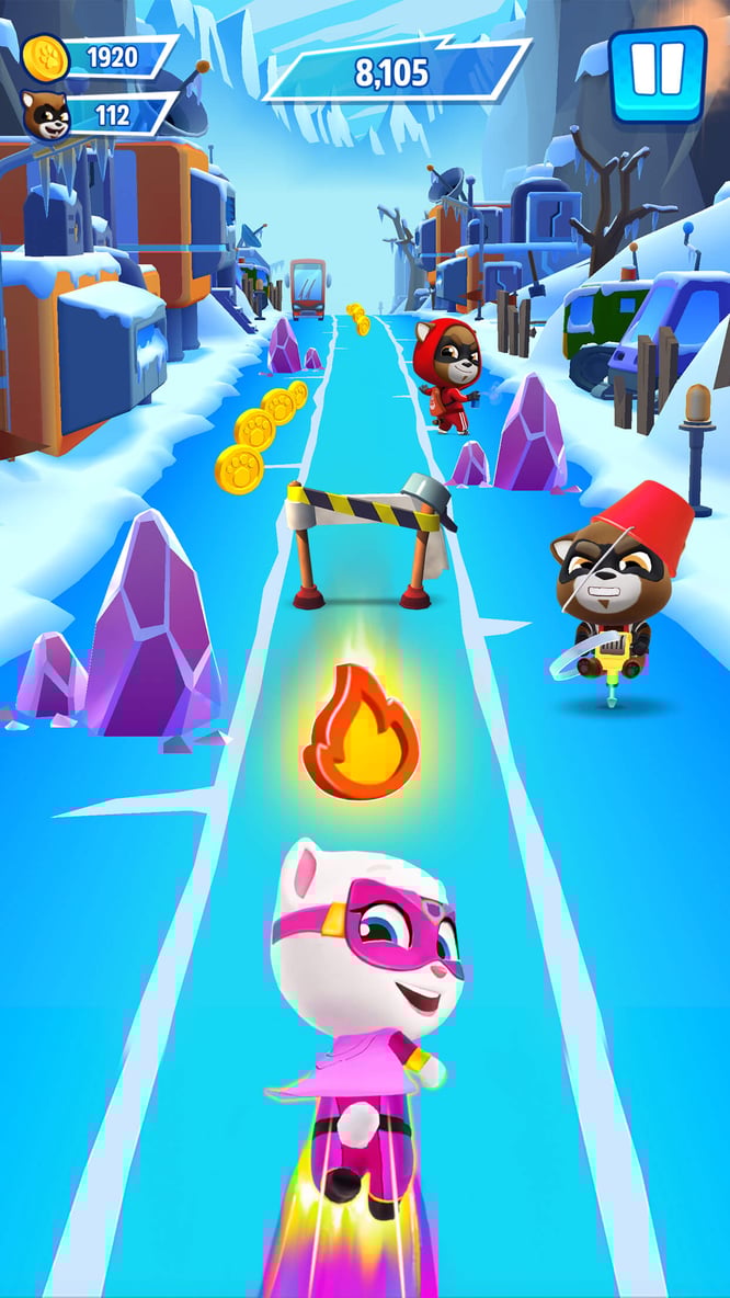 Talking Angela in a hero outfit running inside of Talking Tom Hero Dash game.