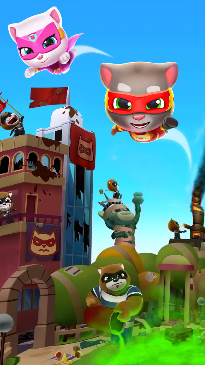 Talking Tom and Talking Angela in hero outfits flying over trouble-making raccoons in the city inside of Talking Tom Hero Dash game.