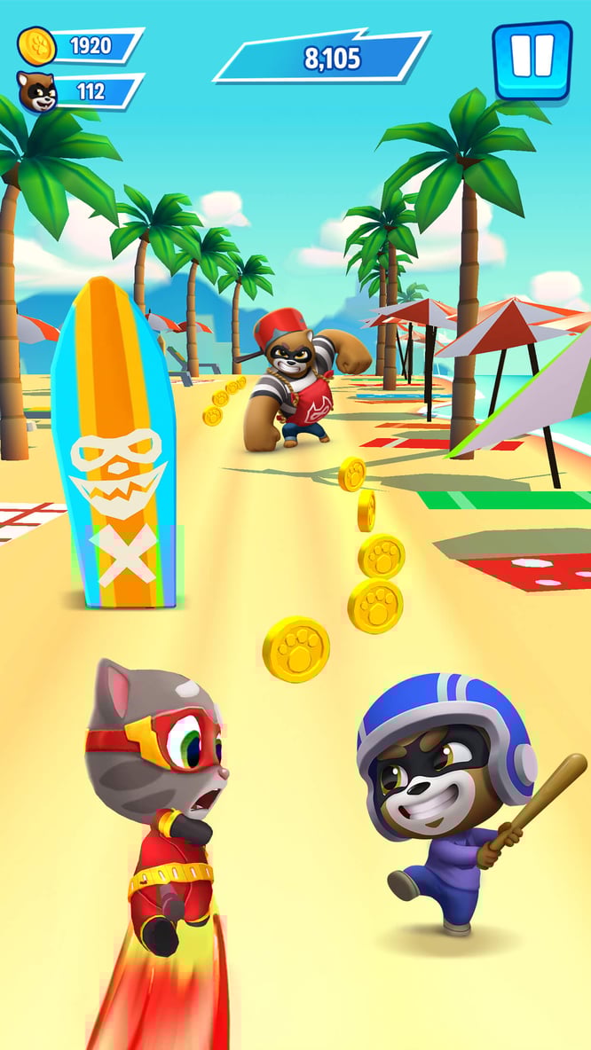 Talking Tom in a hero outfit dodging a raccoon's attack inside of Talking Tom Hero Dash game.