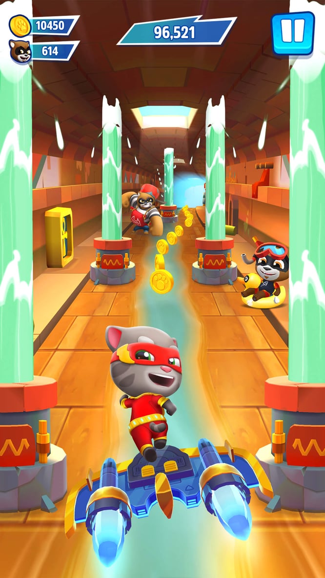 Talking Tom in a hero outfit riding a hyperboard through the sewers area inside of Talking Tom Hero Dash game.