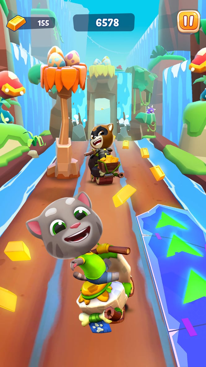 Talking Tom riding a stone motorcycle inside of Talking Tom Time Rush game.