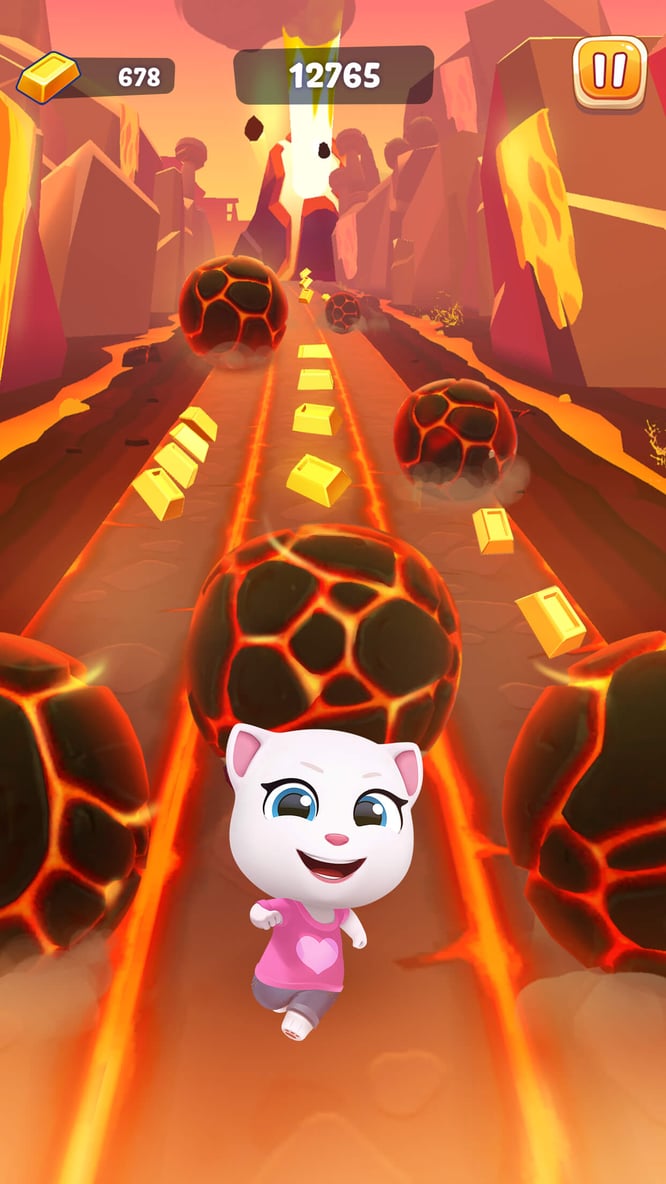 Talking Angela running from rolling magma boulders inside of Talking Tom Time Rush game.