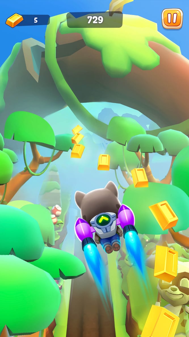 Talking Tom flying with a jetpack inside of Talking Tom Time Rush game.