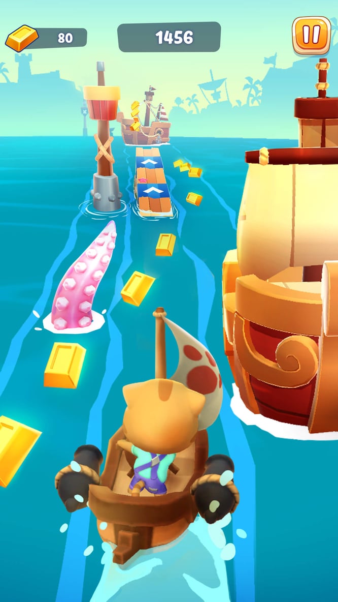 Talking Ginger sailing a boat inside of Talking Tom Time Rush game.