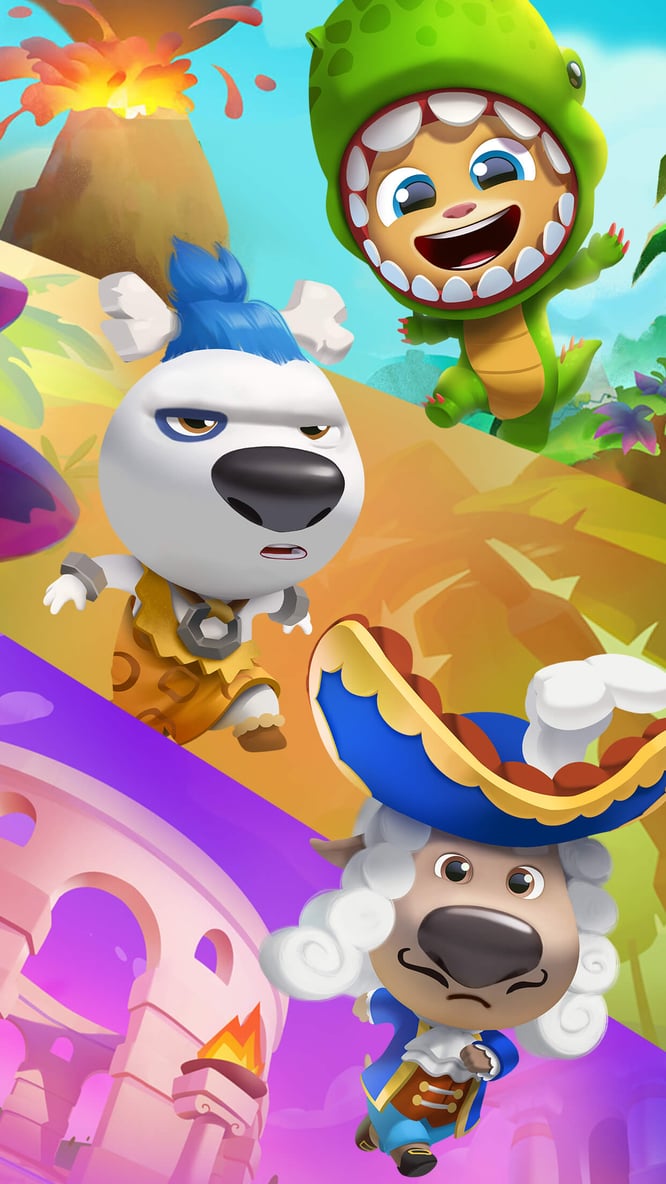 Talking Ginger, Hank, and Ben in different costumes, representing different worlds inside of Talking Tom Time Rush game.