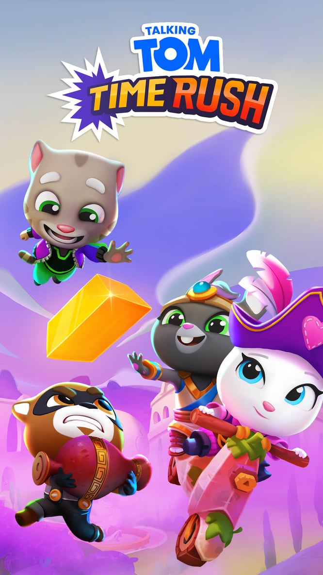 Talking Tom, Angela, Becca, and Roy Rakoon racing inside of Talking Tom Time Rush game.