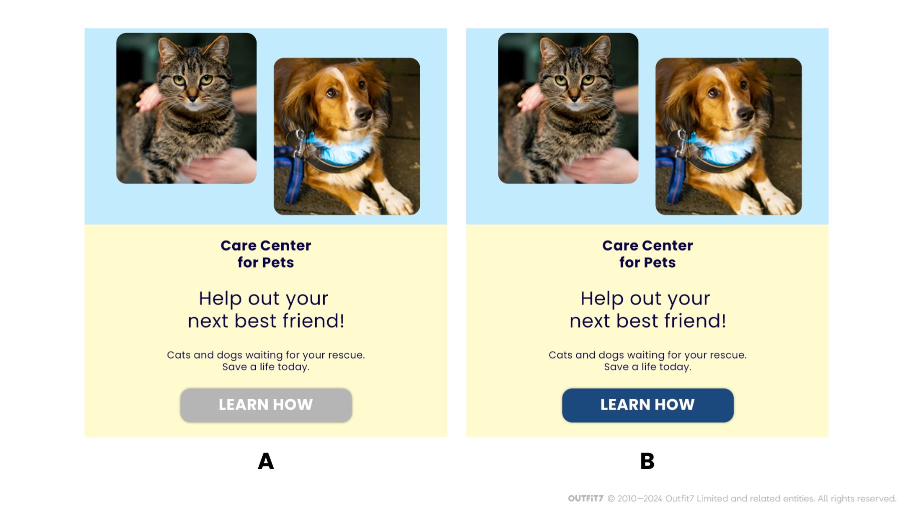 An example of advertising A/B test in which the color of call-to-action button was changed.